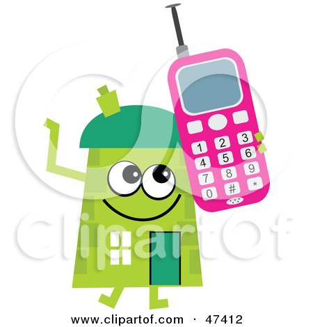 Royalty-Free (RF) Clipart Illustration of a Green Cartoon House Character Using a Cell Phone by Prawny