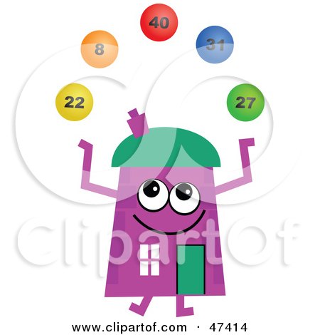 Royalty-Free (RF) Clipart Illustration of a Purple Cartoon House Character Juggling Lottery Balls by Prawny