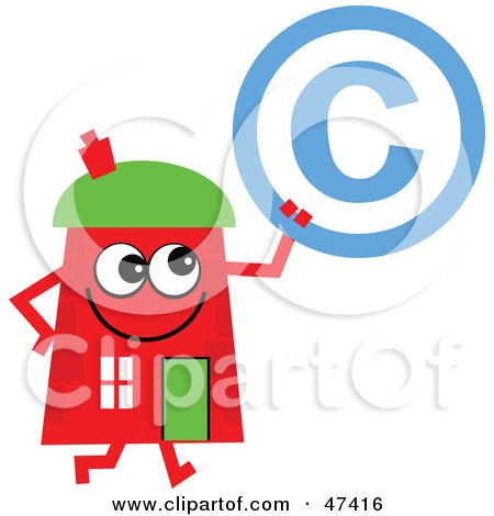 Royalty-Free (RF) Clipart Illustration of a Red Cartoon House Character Holding a Copyright Symbol by Prawny