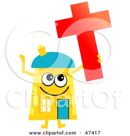 Royalty-Free (RF) Clipart Illustration of a Yellow Cartoon House Character With A Christian Cross by Prawny