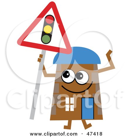 Royalty-Free (RF) Clipart Illustration of a Brown Cartoon House Character With A Traffic Light Sign by Prawny