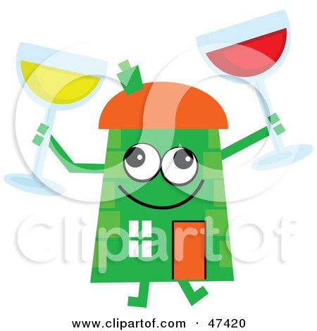 Royalty-Free (RF) Clipart Illustration of a Green Cartoon House Character With Wine by Prawny