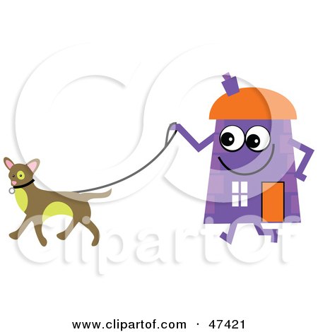 Royalty-Free (RF) Clipart Illustration of a Purple Cartoon House Character Walking a Dog by Prawny