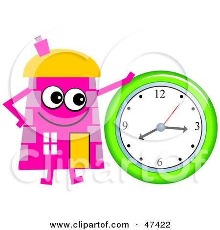 Royalty-Free (RF) Clipart Illustration of a Pink Cartoon House Character With A Clock by Prawny