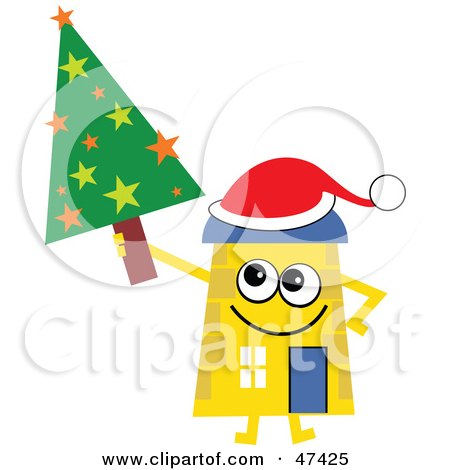 Royalty-Free (RF) Clipart Illustration of a Yellow Cartoon House Character With A Christmas Tree by Prawny