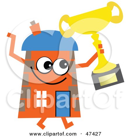Royalty-Free (RF) Clipart Illustration of an Orange Cartoon House Character Holding a Trophy by Prawny