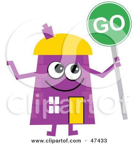 Royalty-Free (RF) Clipart Illustration of a Purple Cartoon House Character With A Go Sign by Prawny
