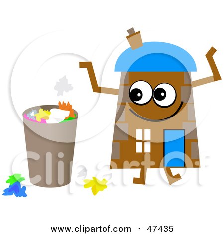 Royalty-Free (RF) Clipart Illustration of a Brown Cartoon House Character by a Trash Can by Prawny