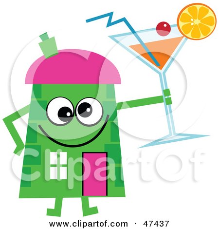 Royalty-Free (RF) Clipart Illustration of a Green Cartoon House Character With A Cocktail by Prawny