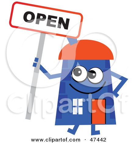 Royalty-Free (RF) Clipart Illustration of a Blue Cartoon House Character With An Open Sign by Prawny
