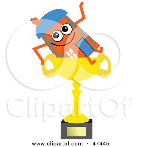 Royalty-Free (RF) Clipart Illustration of an Orange Cartoon House Character Sitting on a Trophy by Prawny