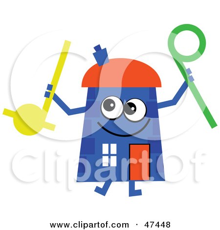 Royalty-Free (RF) Clipart Illustration of a Blue Cartoon House Character With Musical Toys by Prawny