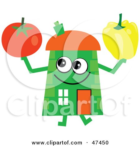 Royalty-Free (RF) Clipart Illustration of a Green Cartoon House Character With A Tomato And Bell Pepper by Prawny