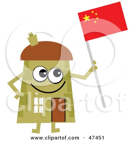 Royalty-Free (RF) Clipart Illustration of a Green Cartoon House Character Holding A Chinese Flag by Prawny