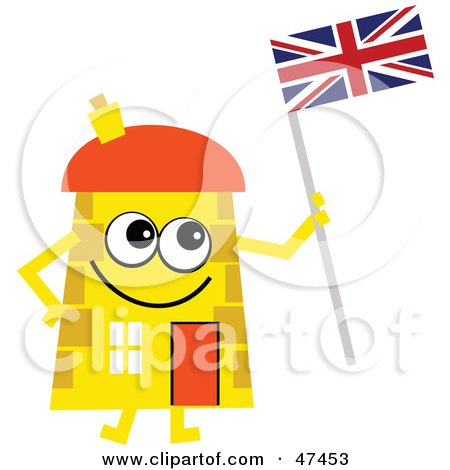 Royalty-Free (RF) Clipart Illustration of a Yellow Cartoon House Character Holding A Union Jack Flag by Prawny