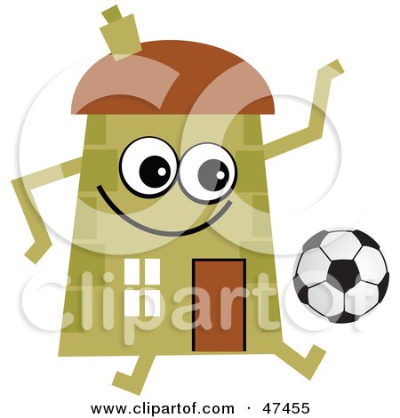 Royalty-Free (RF) Clipart Illustration of a Green Cartoon House Character Playing SOccer by Prawny