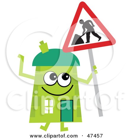 Royalty-Free (RF) Clipart Illustration of a Green Cartoon House Character With A Road Work Sign by Prawny