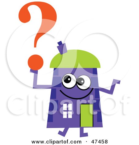 Royalty-Free (RF) Clipart Illustration of a Purple Cartoon House Character With a Question Mark by Prawny