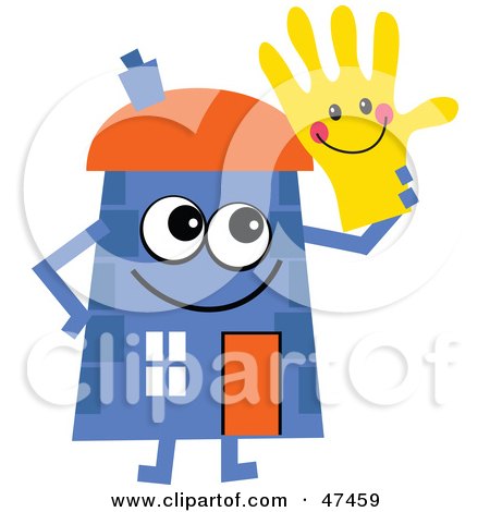 Royalty-Free (RF) Clipart Illustration of a Blue Cartoon House Character Holding A Smiley Glove by Prawny