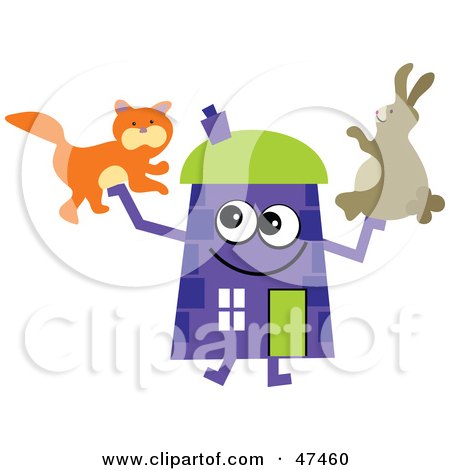 Royalty-Free (RF) Clipart Illustration of a Purple Cartoon House Character With a Rabbit and Cat by Prawny