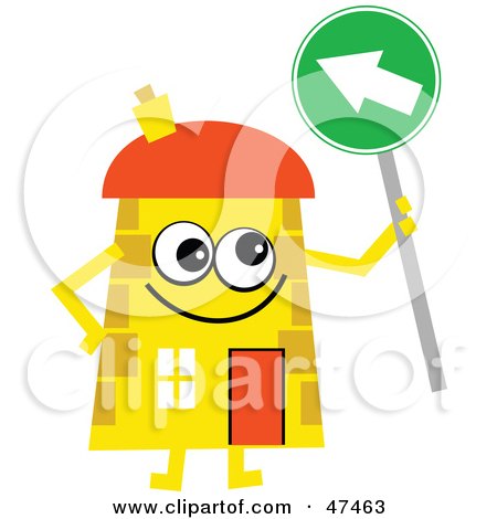 Royalty-Free (RF) Clipart Illustration of a Yellow Cartoon House Character With An Arrow Sign by Prawny