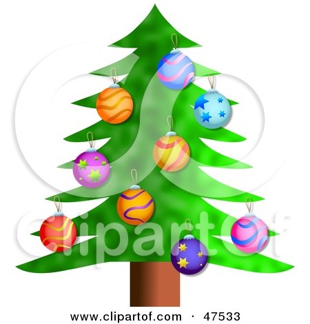 Royalty-Free (RF) Clipart Illustration of a Green Christmas Tree With Colorful Bauble Ornaments by Prawny