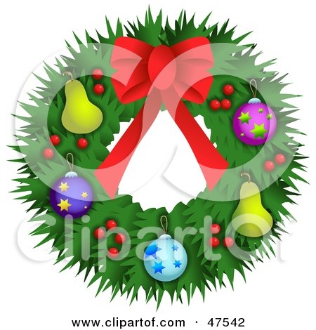 Royalty-Free (RF) Clipart Illustration of a Green Christmas Wreath Decorated With Ornaments, Berries And Bows by Prawny