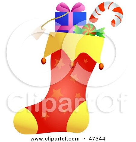 Royalty-Free (RF) Clipart Illustration of a Yellow And Red Stuffed Christmas Stocking With Star Patterns by Prawny