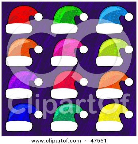 Royalty-Free (RF) Clipart Illustration of a Purple Background With Colorful Santa Hats by Prawny