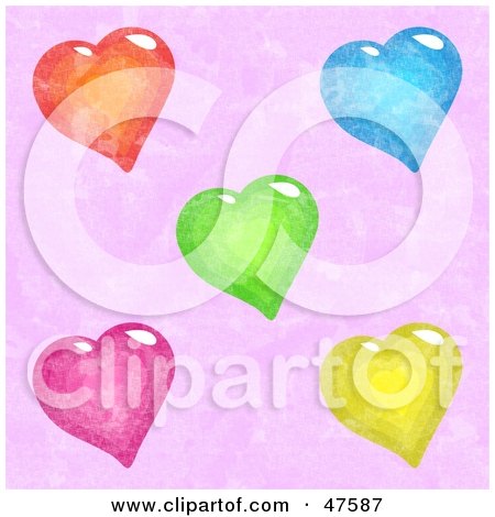 Royalty-Free (RF) Clipart Illustration of a Textured Purple Background With Colorful Hearts by Prawny