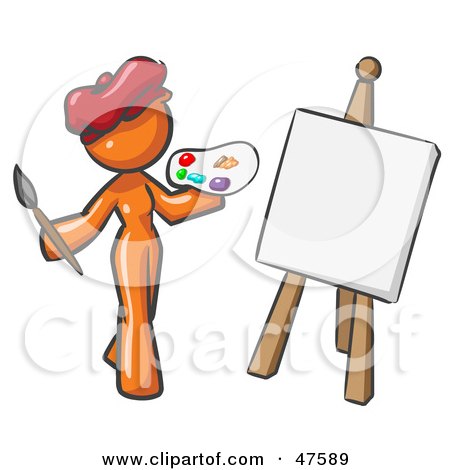 Royalty-Free (RF) Clipart Illustration of an Orange Design Mascot Woman Artist Painting A Portrait by Leo Blanchette