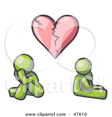 Royalty-Free (RF) Clipart Illustration of a Green Design Mascot Man And Woman Under A Broken Heart by Leo Blanchette