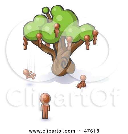 Royalty-Free (RF) Clipart Illustration of a Brown Design Mascot Man Watching Others Fall From The Family Tree by Leo Blanchette