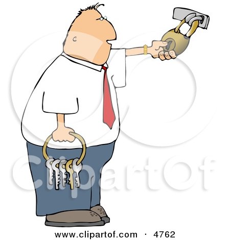 Businessman Holding a Ring of Keys and Unlocking a Padlock Clipart by djart