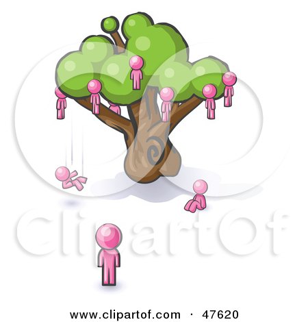 Royalty-Free (RF) Clipart Illustration of a Pink Design Mascot Man Watching Others Fall From The Family Tree by Leo Blanchette
