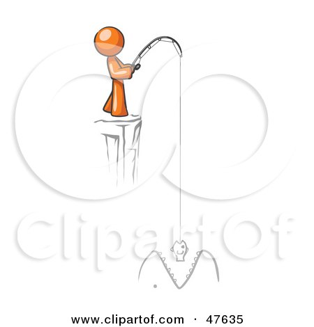 Royalty-Free (RF) Clipart Illustration of an Orange Design Mascot Man Fishing On A Cliff by Leo Blanchette