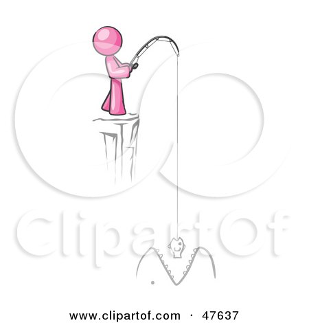 Royalty-Free (RF) Clipart Illustration of a Pink Design Mascot Man Fishing On A Cliff by Leo Blanchette