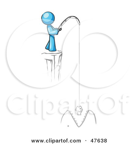 Royalty-Free (RF) Clipart Illustration of a Blue Design Mascot Man Fishing On A Cliff by Leo Blanchette