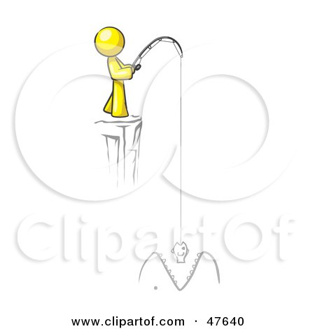 Royalty-Free (RF) Clipart Illustration of a Yellow Design Mascot Man Fishing On A Cliff by Leo Blanchette