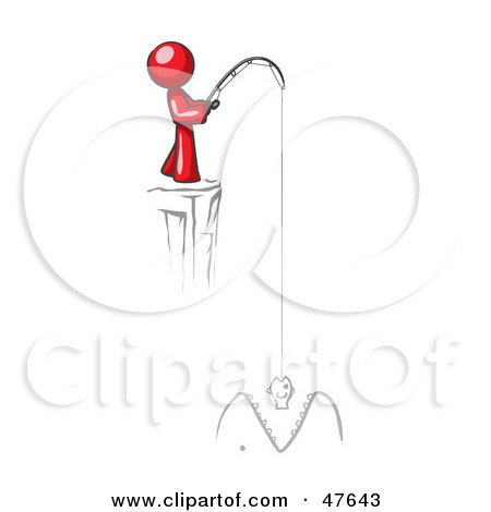 Royalty-Free (RF) Clipart Illustration of a Red Design Mascot Man Fishing On A Cliff by Leo Blanchette