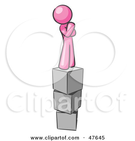 Royalty-Free (RF) Clipart Illustration of a Pink Design Mascot Man Thinking And Standing On Blocks by Leo Blanchette