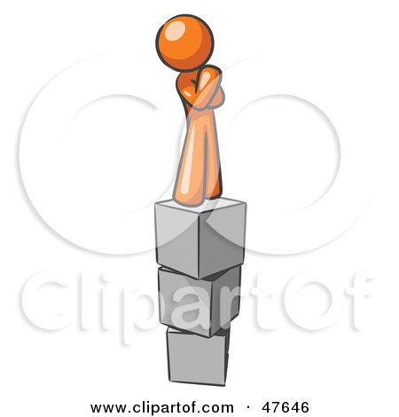 Royalty-Free (RF) Clipart Illustration of an Orange Design Mascot Man Thinking And Standing On Blocks by Leo Blanchette