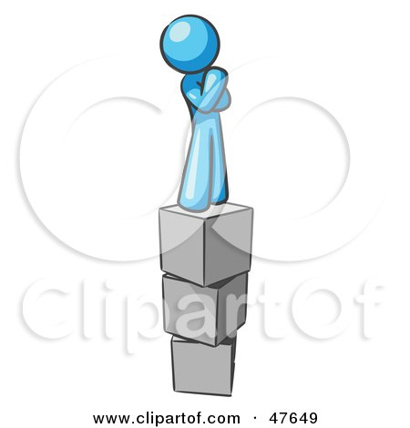 Royalty-Free (RF) Clipart Illustration of a Blue Design Mascot Man Thinking And Standing On Blocks by Leo Blanchette
