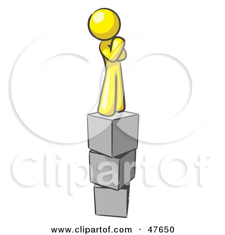 Royalty-Free (RF) Clipart Illustration of a Yellow Design Mascot Man Thinking And Standing On Blocks by Leo Blanchette