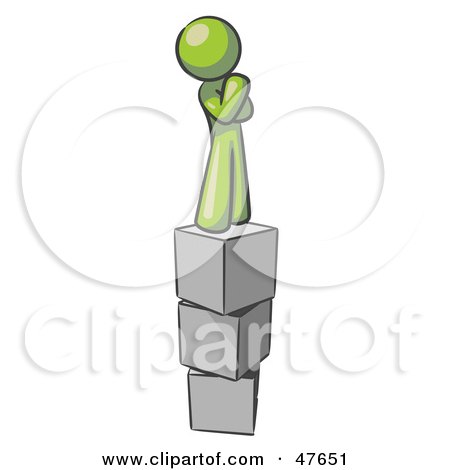 Royalty-Free (RF) Clipart Illustration of a Green Design Mascot Man Thinking And Standing On Blocks by Leo Blanchette