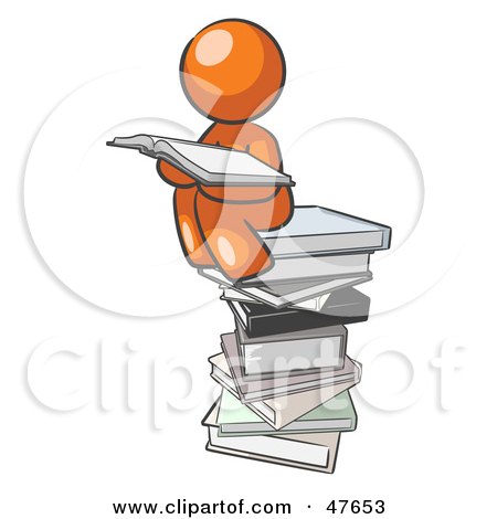 Royalty-Free (RF) Clipart Illustration of an Orange Design Mascot Man Reading On A Stack Of Books by Leo Blanchette