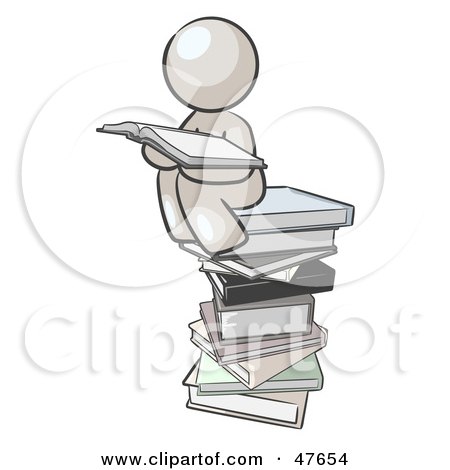 Royalty-Free (RF) Clipart Illustration of a White Design Mascot Man Reading On A Stack Of Books by Leo Blanchette