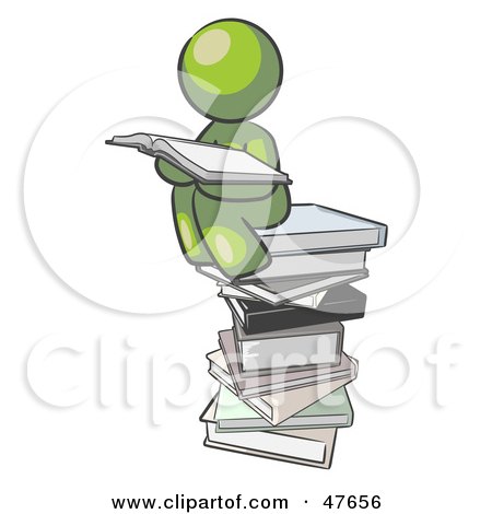 Royalty-Free (RF) Clipart Illustration of a Green Design Mascot Man Reading On A Stack Of Books by Leo Blanchette