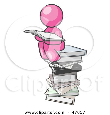 Royalty-Free (RF) Clipart Illustration of a Pink Design Mascot Man Reading On A Stack Of Books by Leo Blanchette