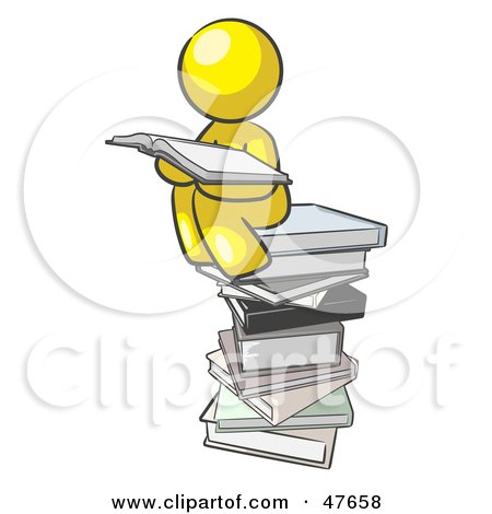 Royalty-Free (RF) Clipart Illustration of a Yellow Design Mascot Man Reading On A Stack Of Books by Leo Blanchette